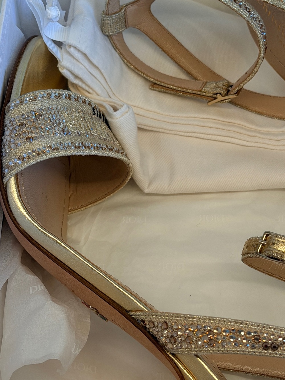 Christian Dior Gold Crystal Embellished Ankle-Strap Sandal. Worn once. - Picture 13 of 16